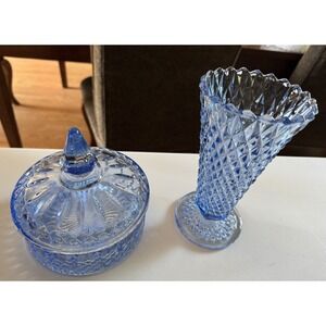 Indiana Glass Ice Blue Diamond Point Lidded Candy Dish & Trumpet Vase READ